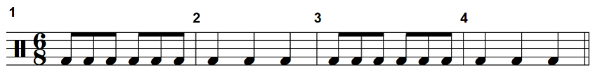 a rhythmic notation with no key signature in six-eight time